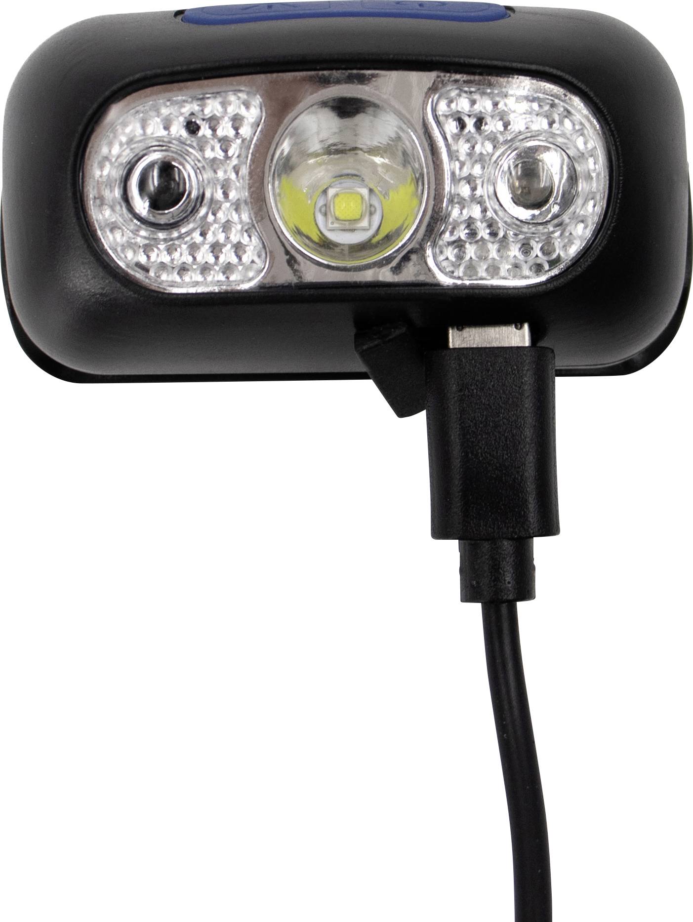 Eine schwarze LED-Stirnlampe mit einem USB-Ladekabel. Drei Leuchten sind sichtbar, eine zentrale größere und zwei kleinere seitlich.