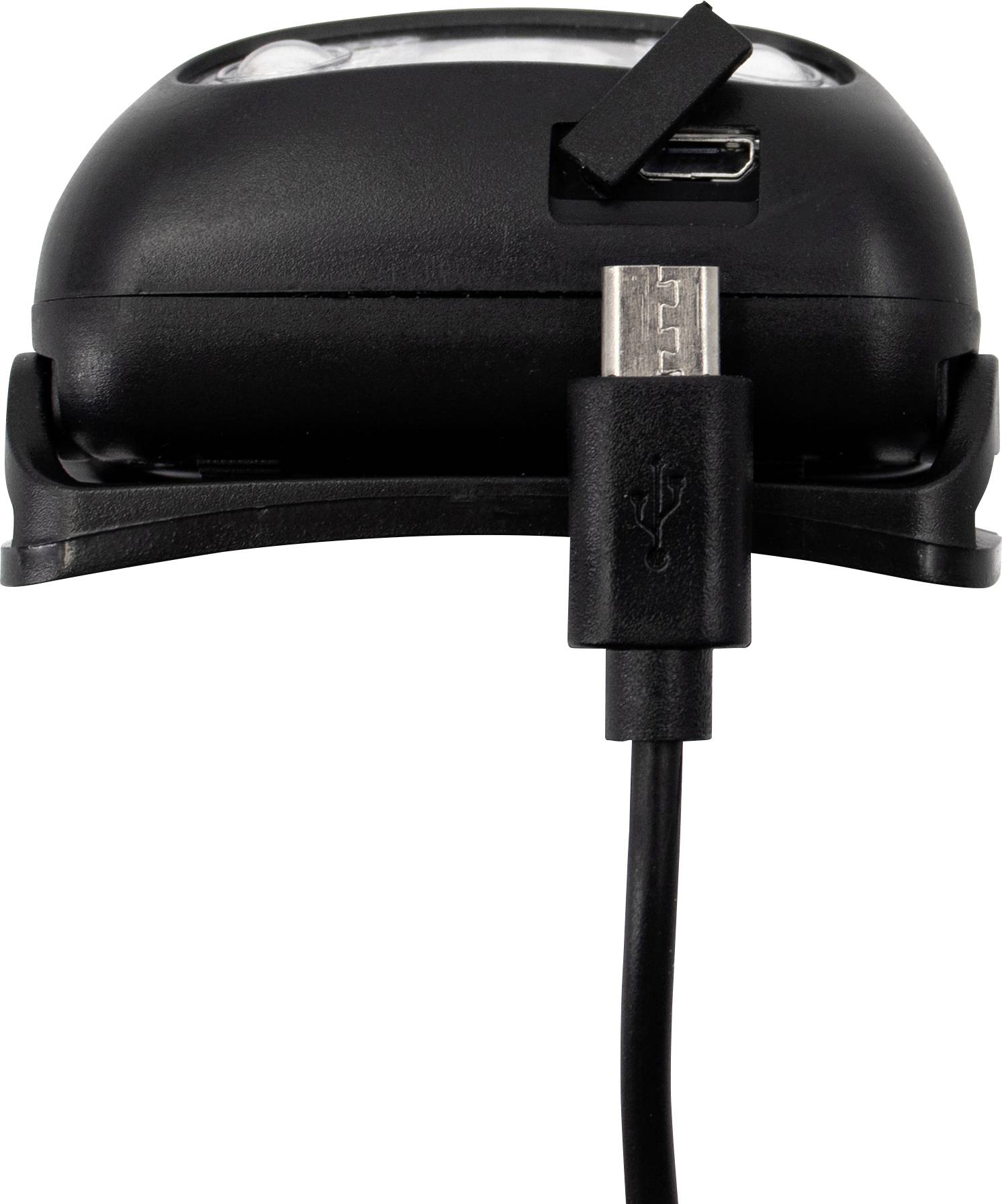 'Rückseite eines elektronischen Geräts mit einem USB-Anschluss, in den ein USB-Stecker eingesteckt wird. Gerät hat eine glänzende Oberfläche.'