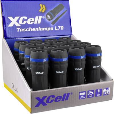 Schachtel mit XCell Taschenlampen L70. Zwanzig Taschenlampen in einer offen präsentierten Verpackung. Text: 'XCell Taschenlampe L70'.