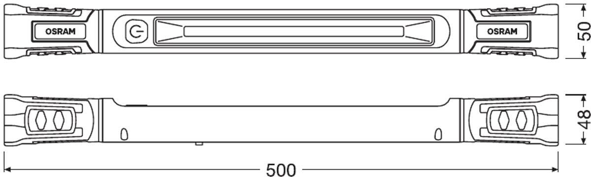 Strichzeichnung einer rechteckigen OSRAM-Lampe mit Maßen: Länge 500 mm, Höhe 50 mm auf der Vorderseite und 48 mm auf der Rückseite.