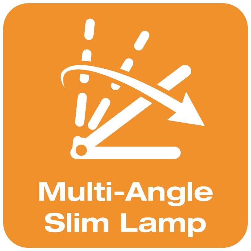 'Multi-Angle Slim Lamp' Schriftzug auf orangefarbenem Hintergrund. Das Symbol zeigt eine verstellbare Lampe mit Pfeil für Flexibilität.