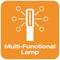 Eine stilisierte Lampe auf orangem Hintergrund, umgeben von abstrahierten Lichtstrahlen. Text darunter: 'Multi-Functional Lamp'.