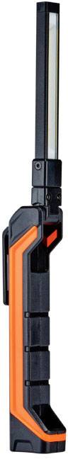 Eine rechteckige, tragbare Arbeitsleuchte mit orangem und schwarzem Design. Die Leuchte ist handlich und leicht zu transportieren.