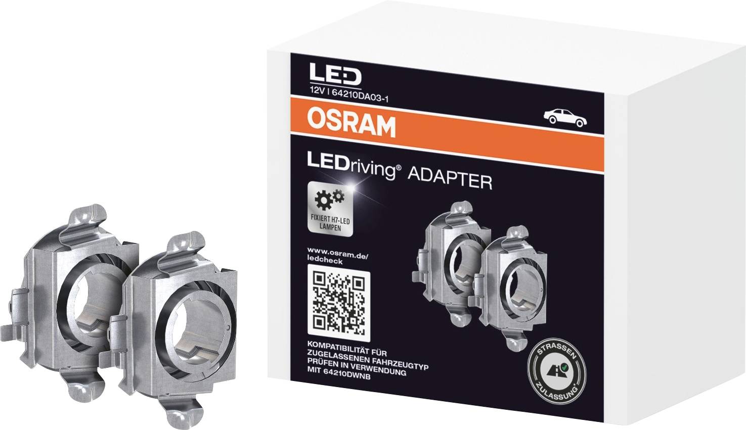 Zwei LED-Adapter, silberfarben, vor einer Verpackung mit der Aufschrift 'OSRAM LEDriving ADAPTER'. Verpackung illustriert Anwendungen.