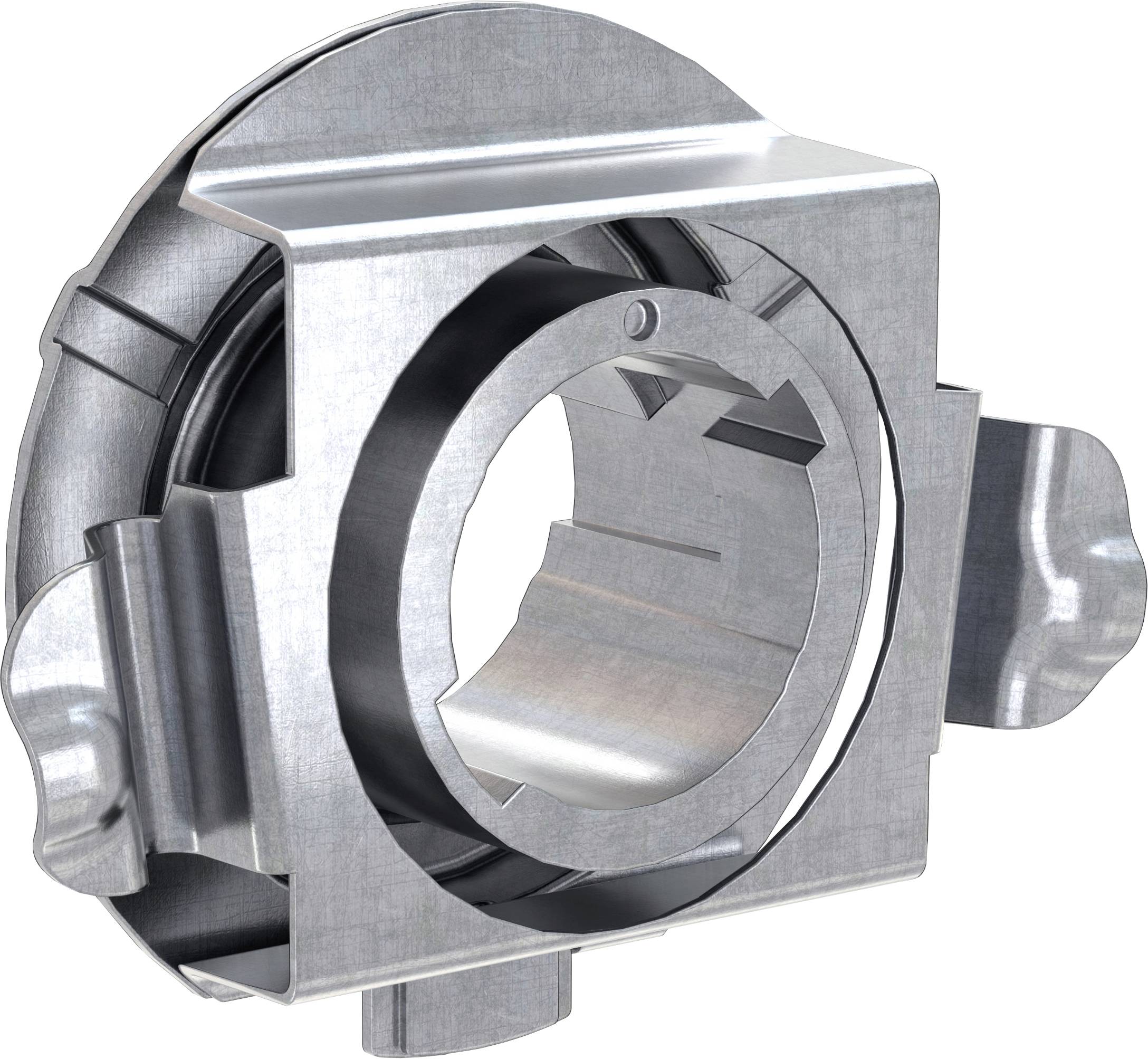 Metallischer Befestigungsclip, zylindrische Form, verwendet für die Montage von Bauteilen, mit seitlichen Klemmen zur Fixierung.