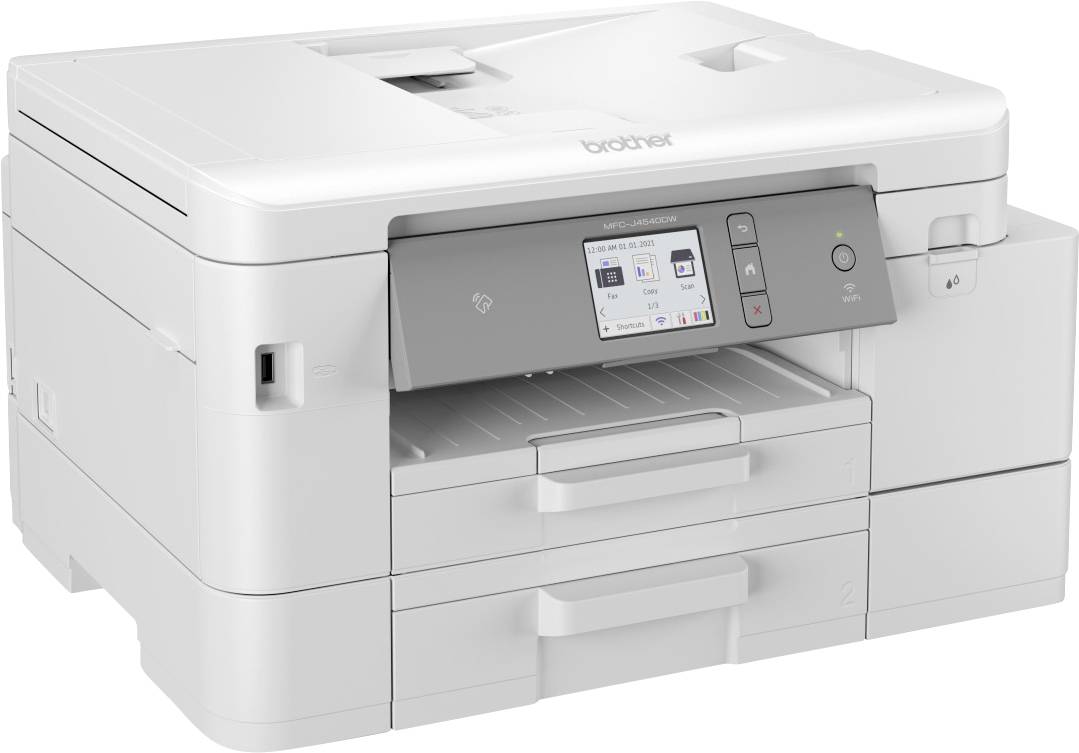 Ein moderner Multifunktionsdrucker mit Touchdisplay und mehreren Papierfächern, geeignet für Büros oder Homeoffice-Nutzung.