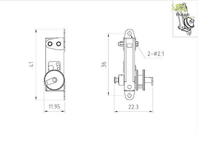 Technische Zeichnung eines Türschlosses mit Maßen: Höhe 41 mm, Breite 11,95 mm. Seitliche und frontale Ansicht mit Befestigungspunkten.