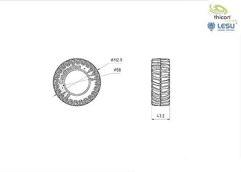 Technische Zeichnung eines Reifens mit Angaben zu Durchmesser (112,9 mm), Breite (58 mm) und Profil (4,32 mm).