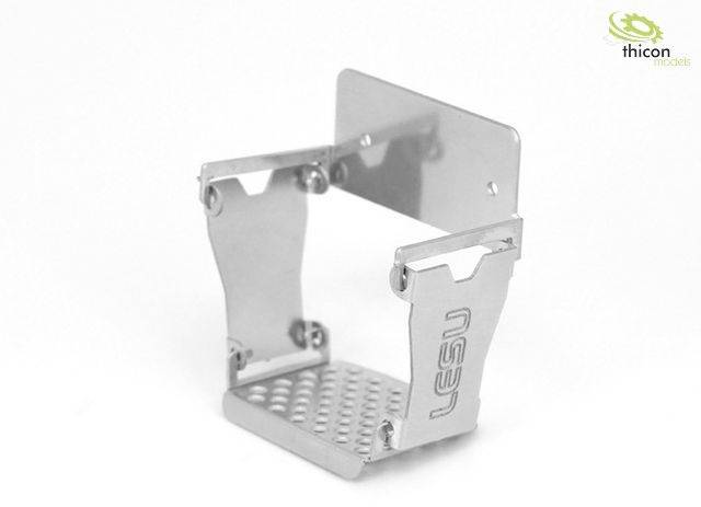 Metallhalterung aus silbernem Material, quadratische Basis mit erhöhter Rückwand, Logo 'LESU' auf beiden Seiten eingraviert.