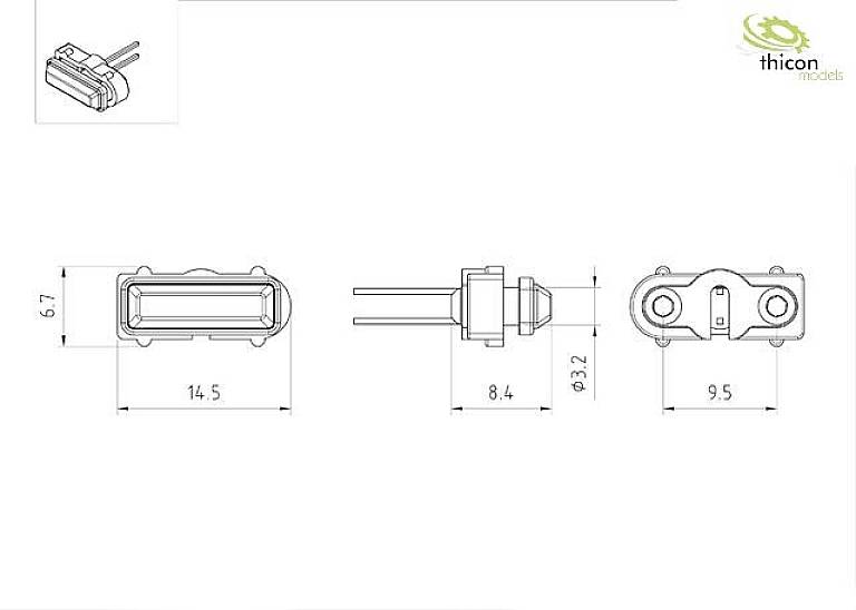 Technische Zeichnung eines Steckers mit Abmessungen: Länge 14,5 mm, Breite 9,5 mm, Durchmesser 3,2 mm. Oben rechts 'thicon models'-Logo.