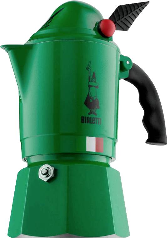 Ein grüner Mokkakocher mit schwarzem Griff, der ein verspieltes Design und Details der italienischen Flagge aufweist, wird zum Brühen von Espresso auf dem Herd verwendet.