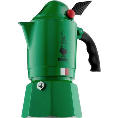 Ein grüner Mokkakocher mit schwarzem Griff, der ein verspieltes Design und Details der italienischen Flagge aufweist, wird zum Brühen von Espresso auf dem Herd verwendet.