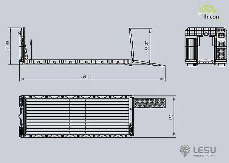 Technische Zeichnung eines Anhängers mit Maßen: Länge 624,33 mm, Höhe 165,40 mm, Breite 180 mm. Ansicht von vorne, seitlich und oben.