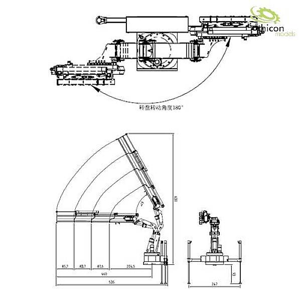 Technische Zeichnung eines mechanischen Arms mit 180-Grad-Drehung. Zeigt Bewegungsbereich und Maße in Millimetern.