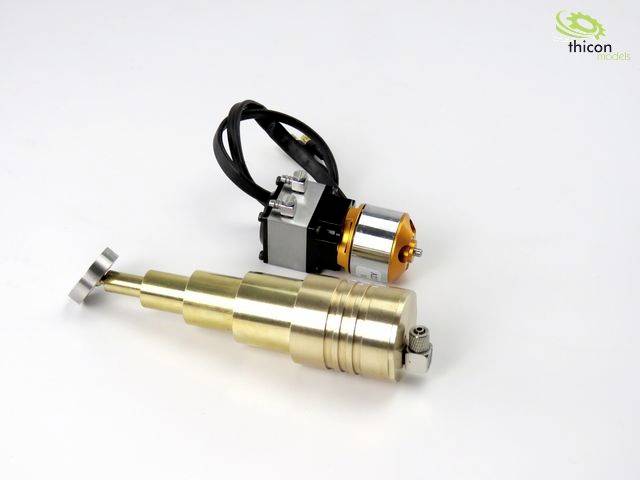 'Thicon models'-Logo oben rechts. Metallischer Hydraulikhammer mit Kabel und Antriebseinheit auf weißem Hintergrund.