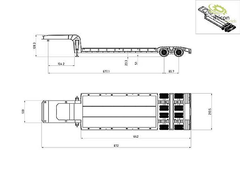 Technische Zeichnung eines Tiefladeranhängers mit Abmessungen. Die obere Ansicht zeigt das Profil, die untere die Draufsicht.