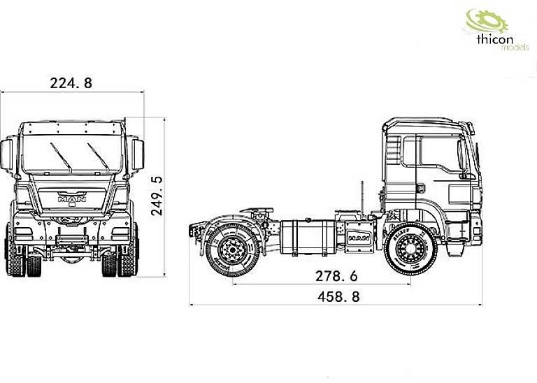 Technische Zeichnung eines LKW-Fahrgestells mit Abmessungen: Breite 224.8, Höhe 249.5, Längen 278.6 und 458.8.