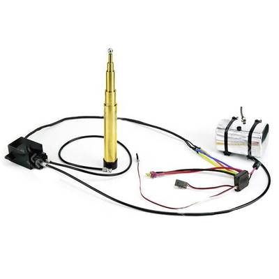 Ein elektrisches Stellglied mit Kabeln und Anschlüssen, bestehend aus einem goldenen Zylinder und einer silbernen Komponente.