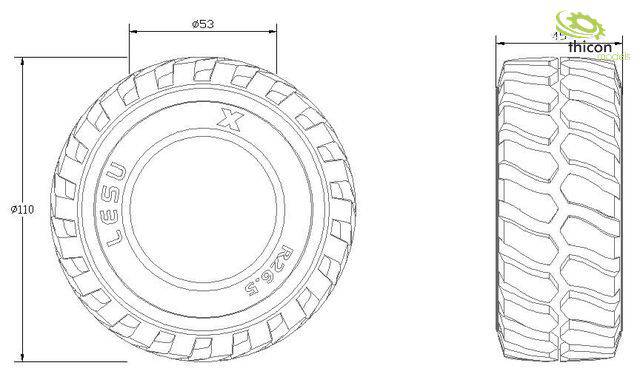 Technische Zeichnung eines Reifens mit Maßen: Durchmesser 110 mm, Breite 53 mm. Ansicht von vorne und seitlich, Marke 'LESU', Modell X.