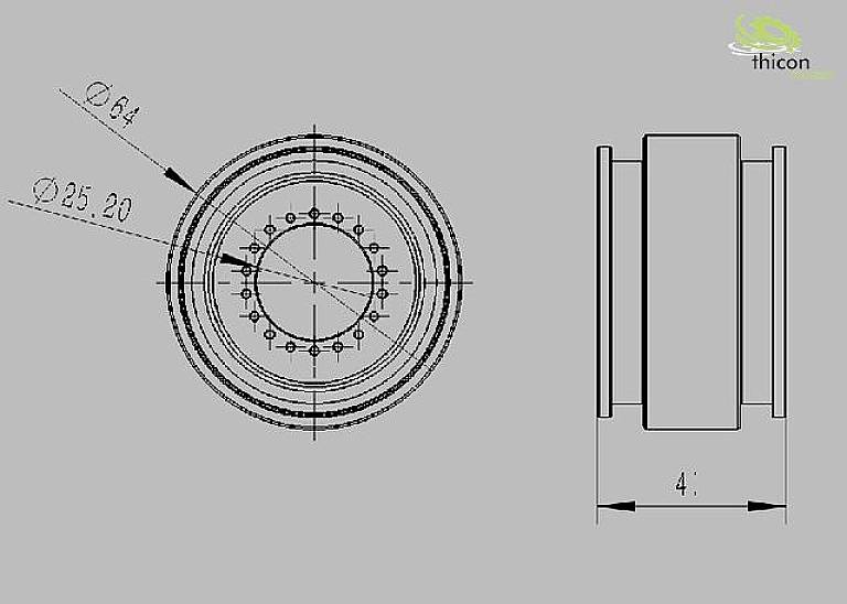 Technische Zeichnung eines runden Bauteils mit Maßen: Durchmesser 64 und 25,20, Breite 4; seitliche und frontale Ansicht.