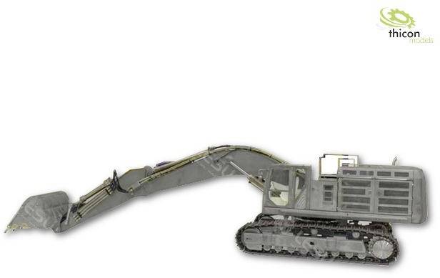 Bagger-Modell von "Thicon Models" mit grauer Lackierung und Raupenfahrwerk, dargestellt von der Seite.