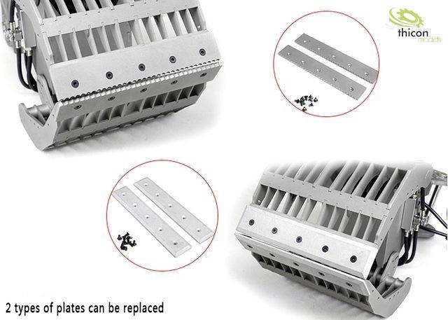 'Thicon' Markenlogo oben rechts. Bild zeigt zwei austauschbare Platten eines mechanischen Geräts mit Schrauben. Text: '2 types of plates can be replaced'.
