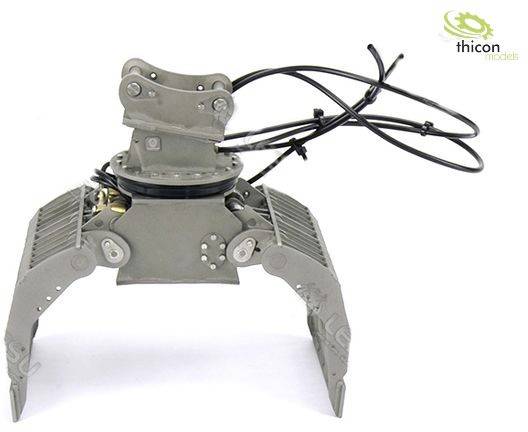 Industrie-Greifer aus Metall mit Hydraulikleitungen, geeignet für Modellbau; Marke 'thicon models'.