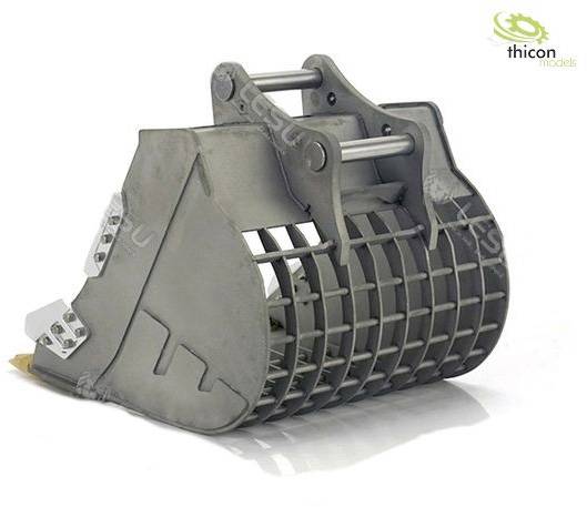 Ein Modell eines schweren Grabungseimers aus Metall, geeignet für Modellbau oder Konstruktionsdarstellung, mit Logo der Marke 'thicon'.