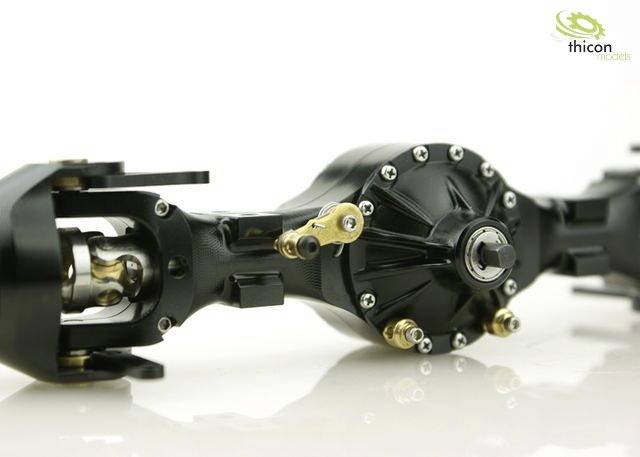 Ein detailliertes Modell einer schwarzen Fahrzeugachse mit goldenen Schrauben und Zahnrädern, dargestellt von 'thicon models'.