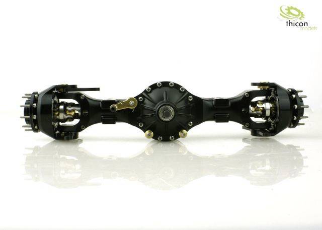 Modell einer robusten Metallachse mit Federungs- und Verbindungskomponenten, genutzt in mechanischen Modellbauanwendungen.