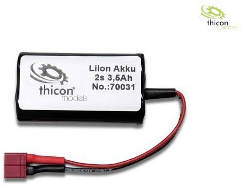 Lithium-Ionen-Akku von thicon models, 2s 3,56Ah, Modellnummer 70031, mit Anschlusskabel und Stecker.