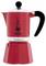 Roter Espressokocher mit schwarzem Griff und silbernem Deckel. Markenlogo 'Bialetti' und Schriftzug 'Rainbow' auf der Vorderseite.