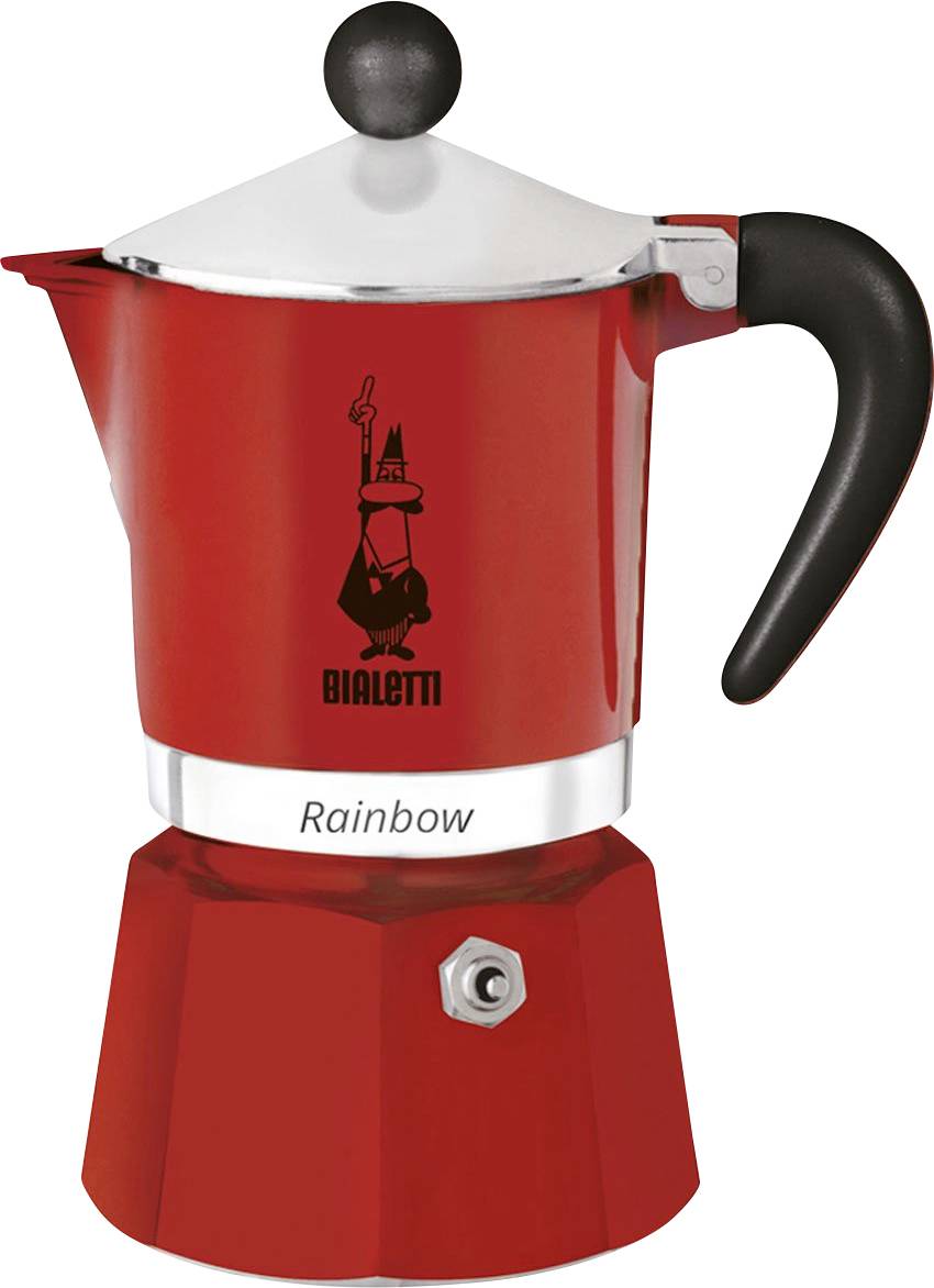 Ein roter Espressokocher aus Metall mit einem silbernen Deckel und schwarzem Griff, auf dem ein Logo und das Wort "Rainbow" im unteren Bereich angebracht sind.