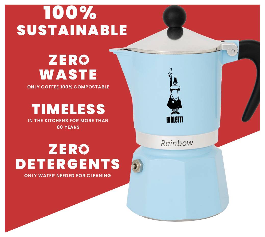 Ein blauer Kaffeebereiter mit der Aufschrift 'Rainbow' mit folgendem Text: '100% Nachhaltig, Null Abfall - nur Kaffee zu 100% kompostierbar, Zeitlos - seit über 80 Jahren in Küchen, Null Reinigungsmittel - nur Wasser zur Reinigung erforderlich.'