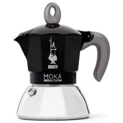 Ein schwarzer und silberner Espressokocher mit Griff, mit der Aufschrift "Bialetti Moka Induction", mit einem kleinen Logo über dem Text.