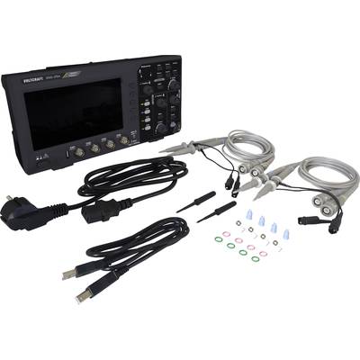 Oszilloskop mit Zubehör: zwei Tastköpfe, Kabel, Farbringe und Ersatzteile. Gerät zum Messen und Darstellen elektrischer Signale.