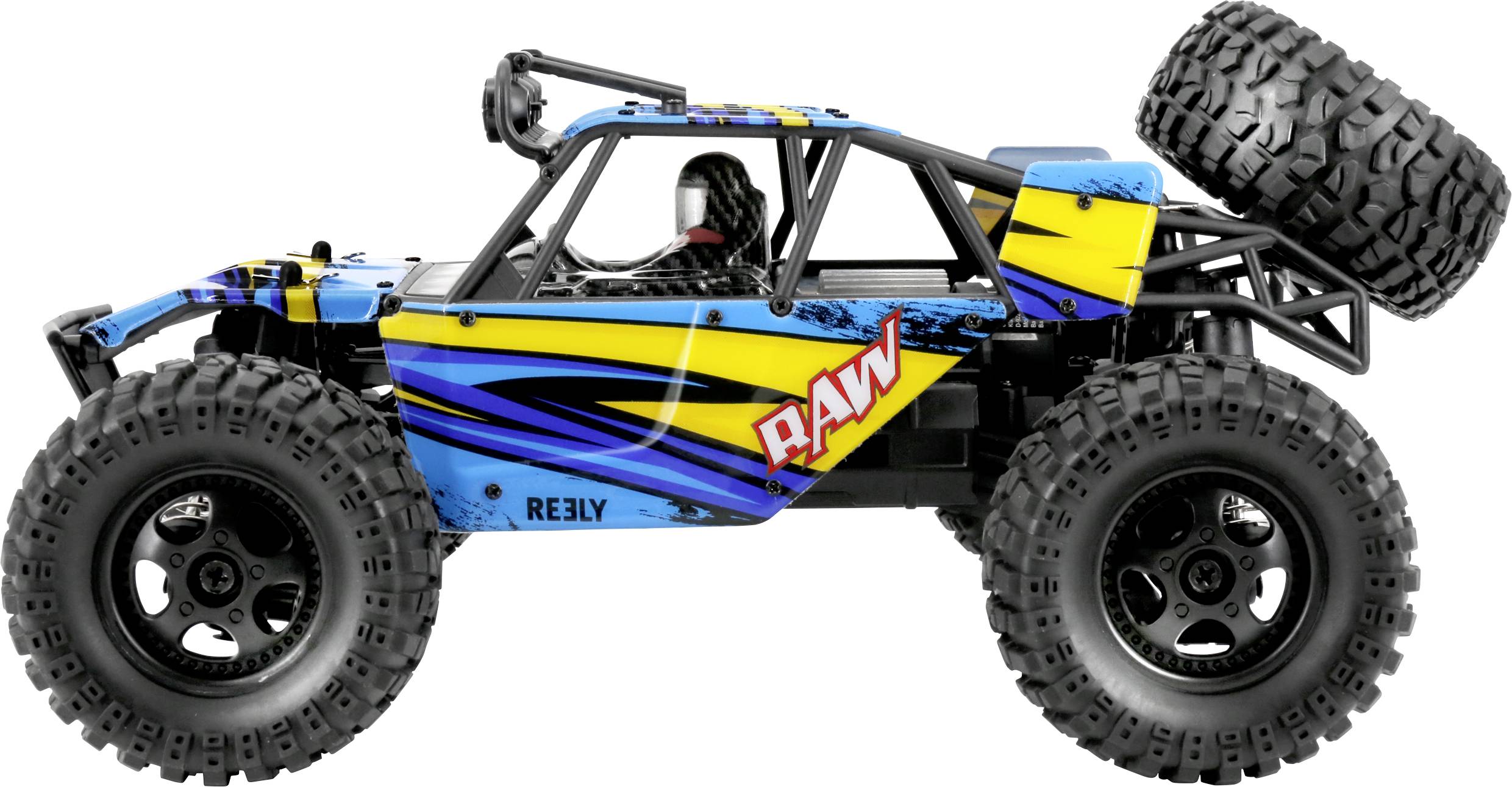 Ein gelbes und blaues ferngesteuertes RC-Auto im Profil mit großen Reifen und einem Reserverad am Heck, vor weißem Hintergrund.