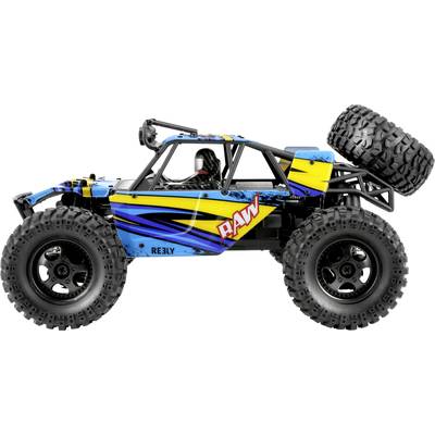 Ein gelbes und blaues ferngesteuertes RC-Auto im Profil mit großen Reifen und einem Reserverad am Heck, vor weißem Hintergrund.