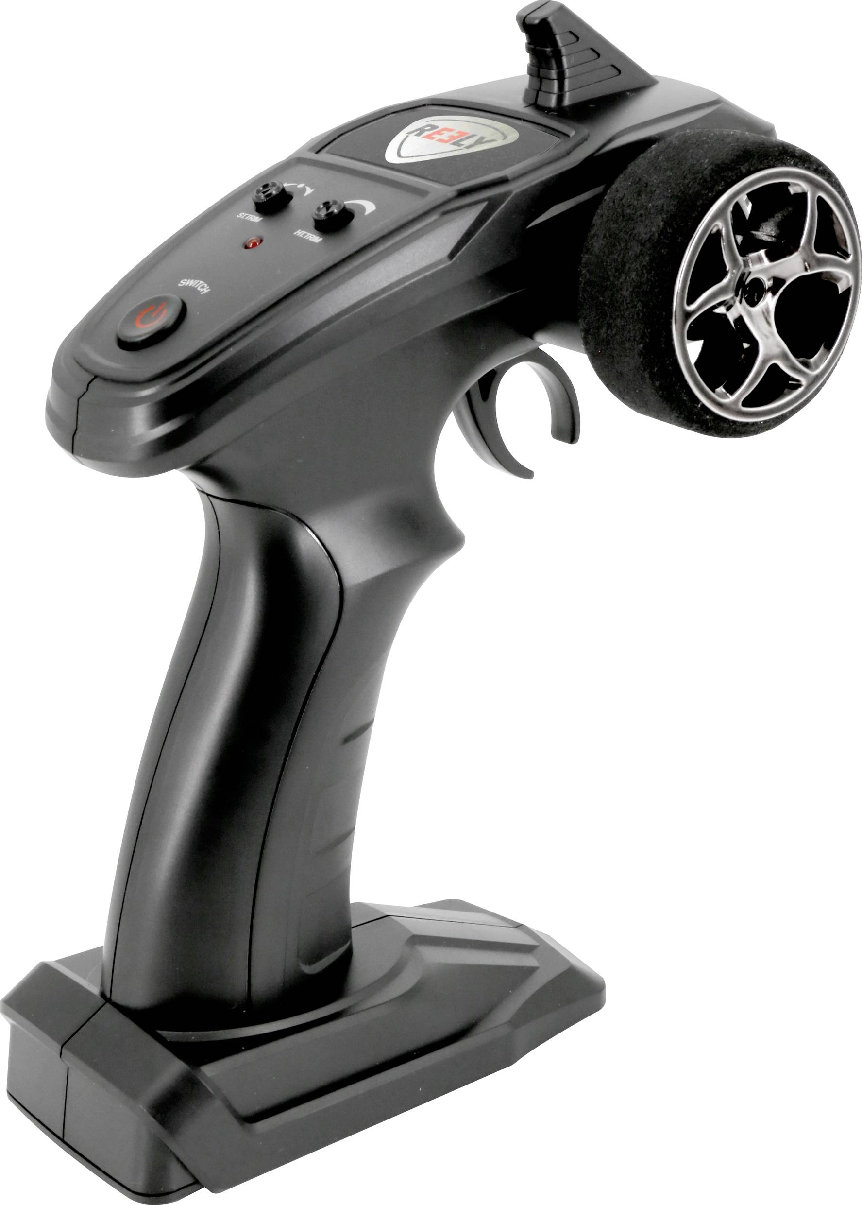 Eine schwarze Fernbedienung mit Lenkrad und mehreren Tasten, die für die Steuerung von ferngesteuerten Autos verwendet wird.