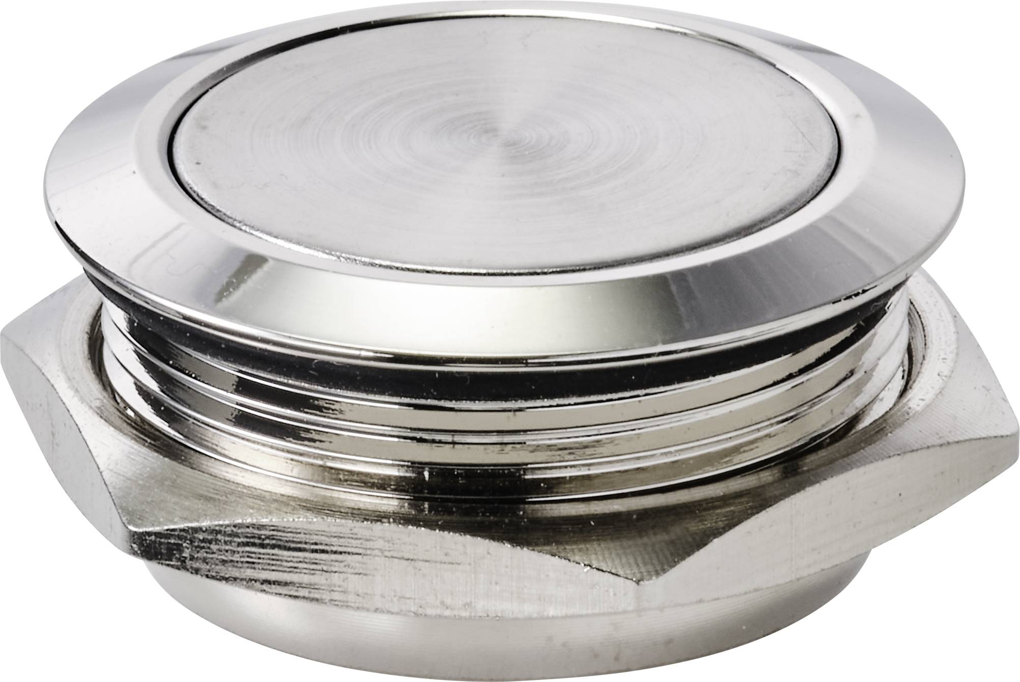 Ein verchromter Verschlussdeckel mit flachem Design und gerilltem Rand. Geeignet für Rohre oder Maschinen mit einem Gewindeanschluss.