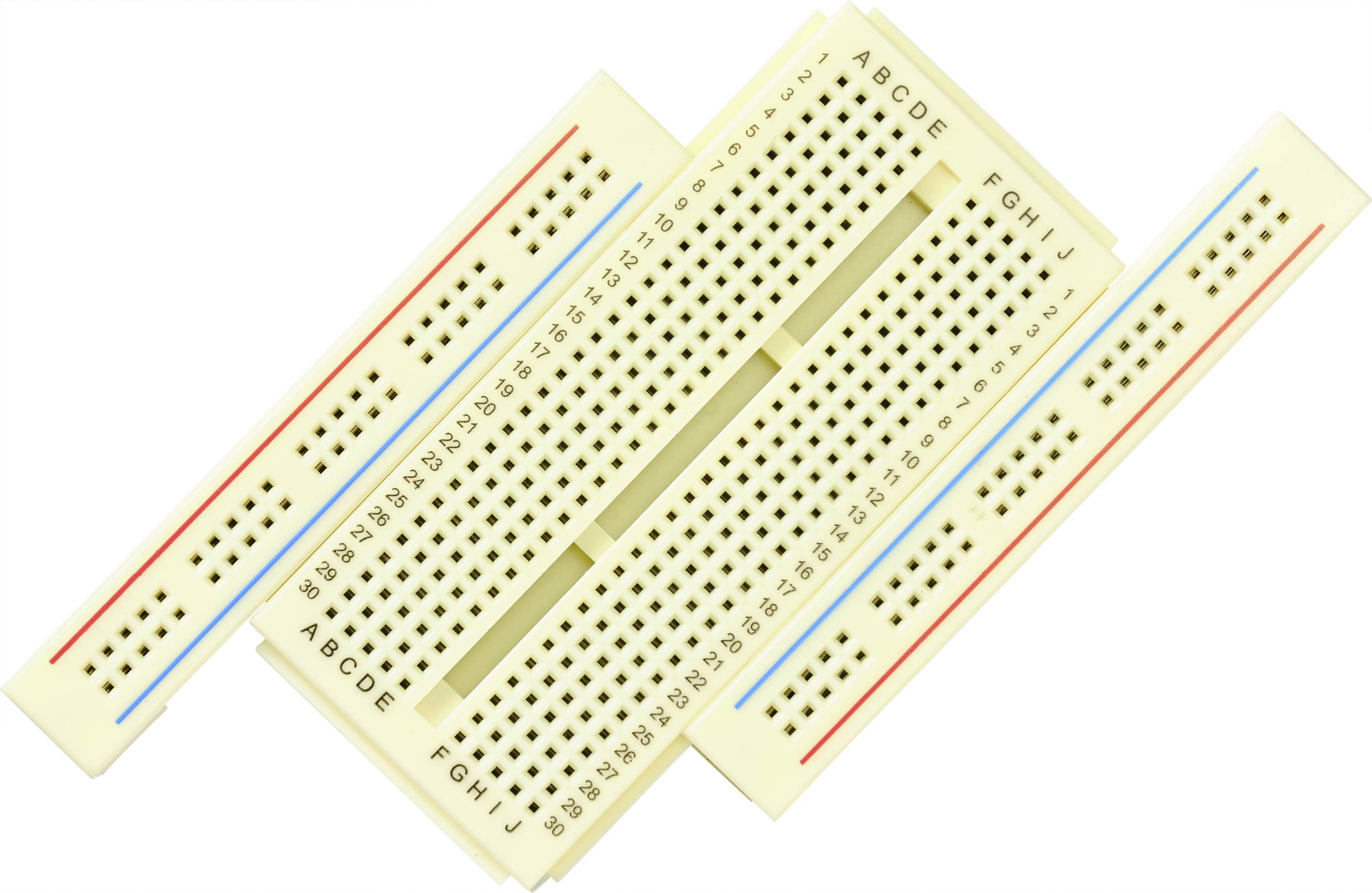 Steckbrett mit zwei vertikalen und zehn horizontalen Zellenreihen, markiert für Elektronikprojekte.