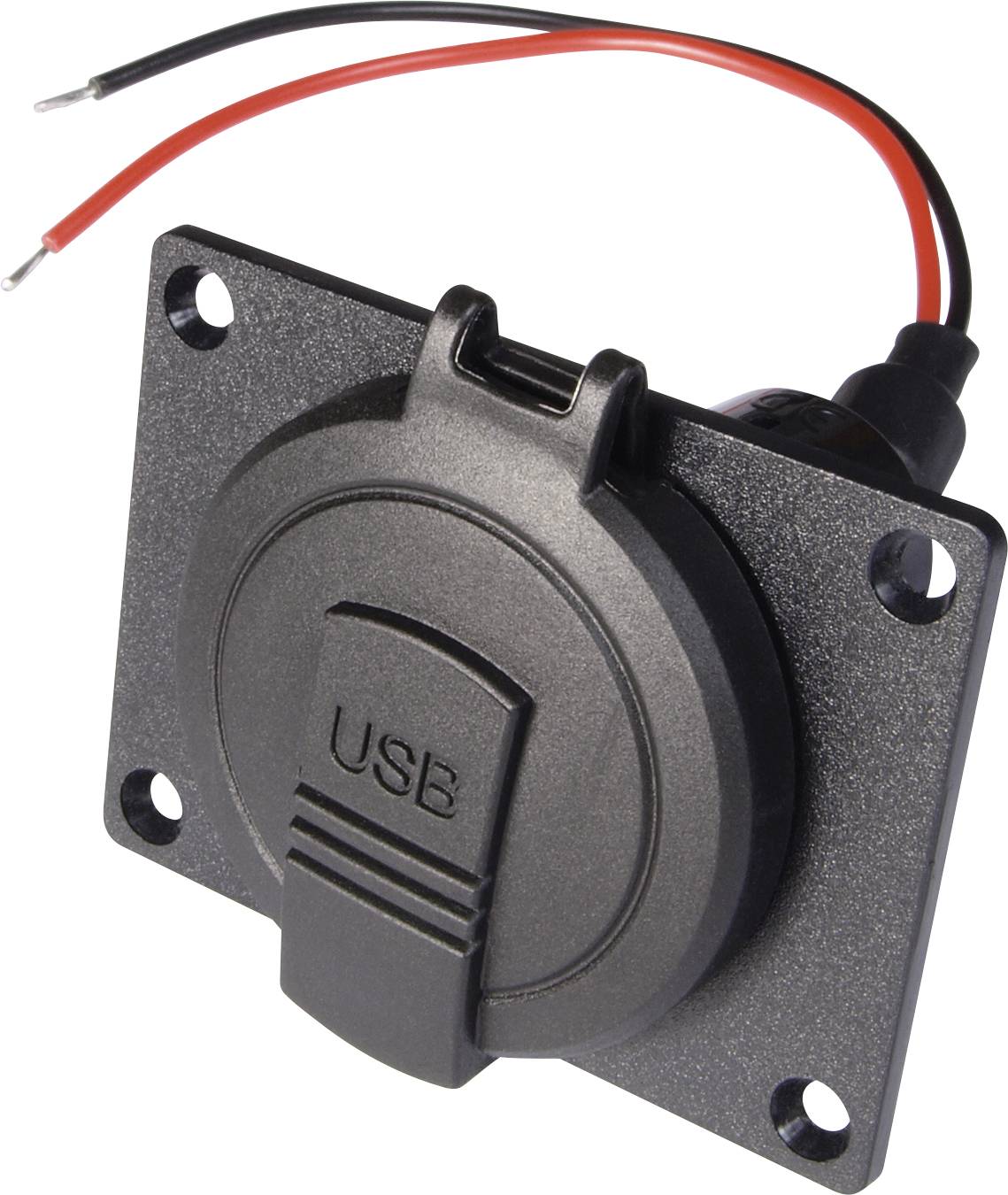 Ein schwarzer USB-Anschluss mit zwei Kabeln, rot und schwarz für Stromverbindung. Montiert auf quadratischer Platte.