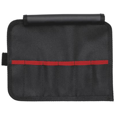 Schwarze Tasche aus Stoff mit fünf roten Fächern, ideal zur Aufbewahrung kleiner Werkzeuge oder Utensilien.