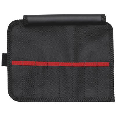 Eine schwarze Werkzeugtasche mit sechs Fächern, die durch eine rote Naht getrennt sind. Die obere Kante hat eine schwarze Klappe.