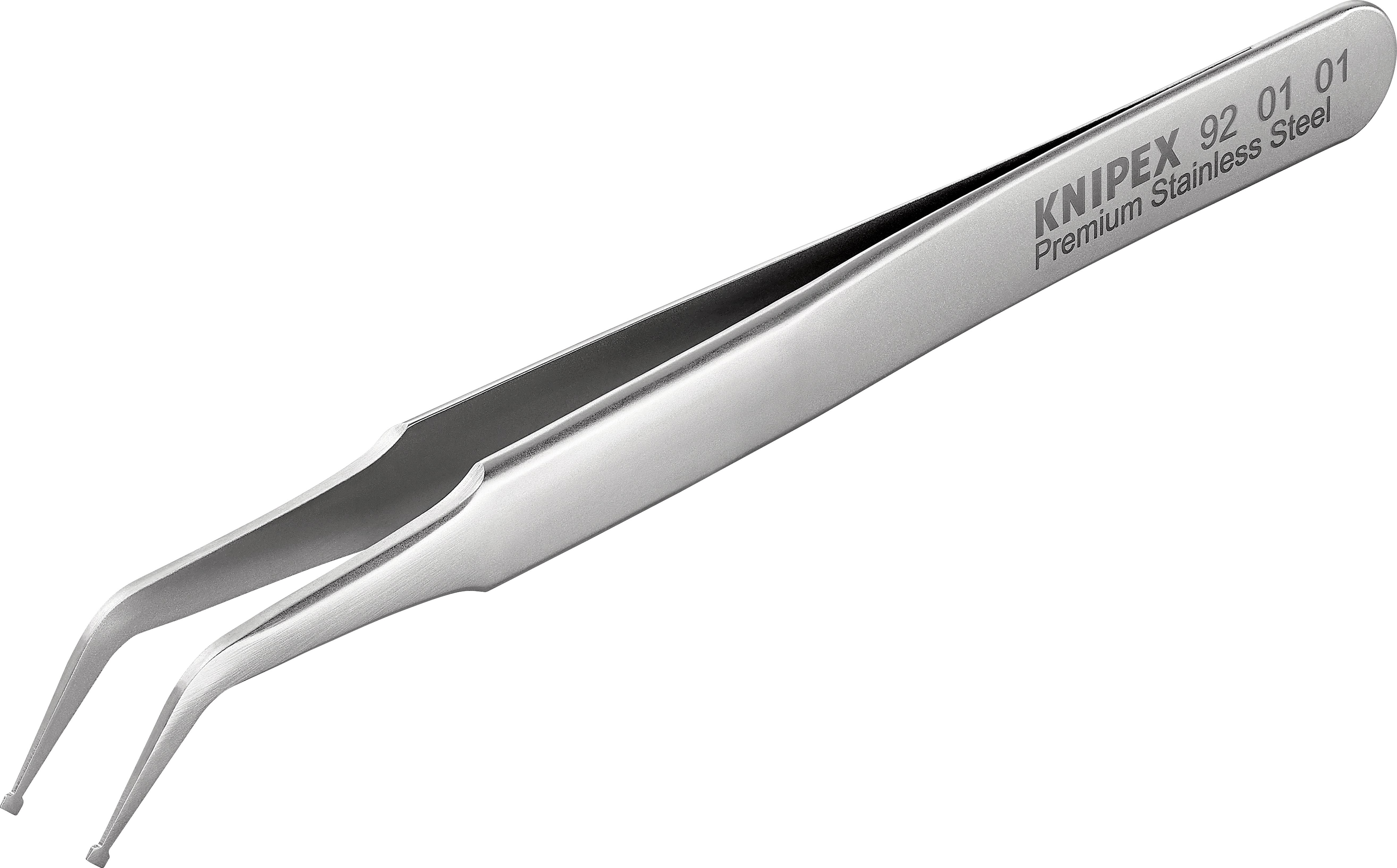 'Eine gerade Edelstahlpinzette mit der Aufschrift "KNIPEX 92 01 01 Premium Stainless Steel" an der Seite.'