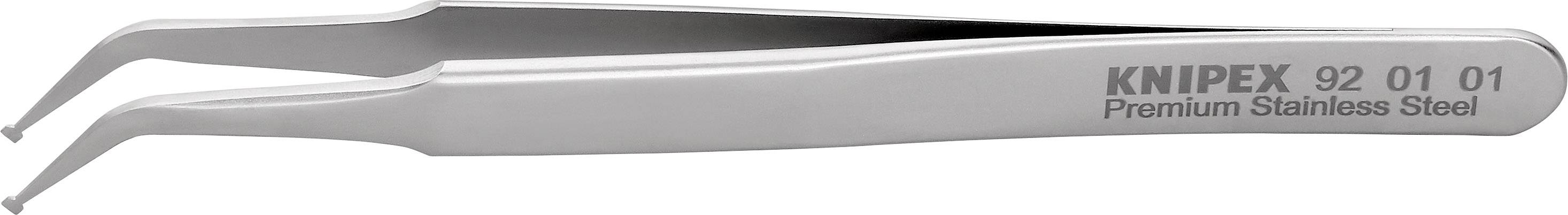 Pinzette aus Edelstahl mit gebogenen Spitzen, graviert mit 'Knipex 92 01 01 Premium Stainless Steel', auf weißem Hintergrund.