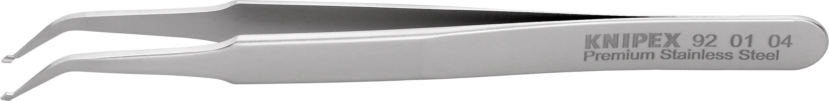 Metallpinzette mit der Aufschrift 'KNIPEX 92 01 04 Premium Stainless Steel', ergonomisch geformt für präzisen Halt.
