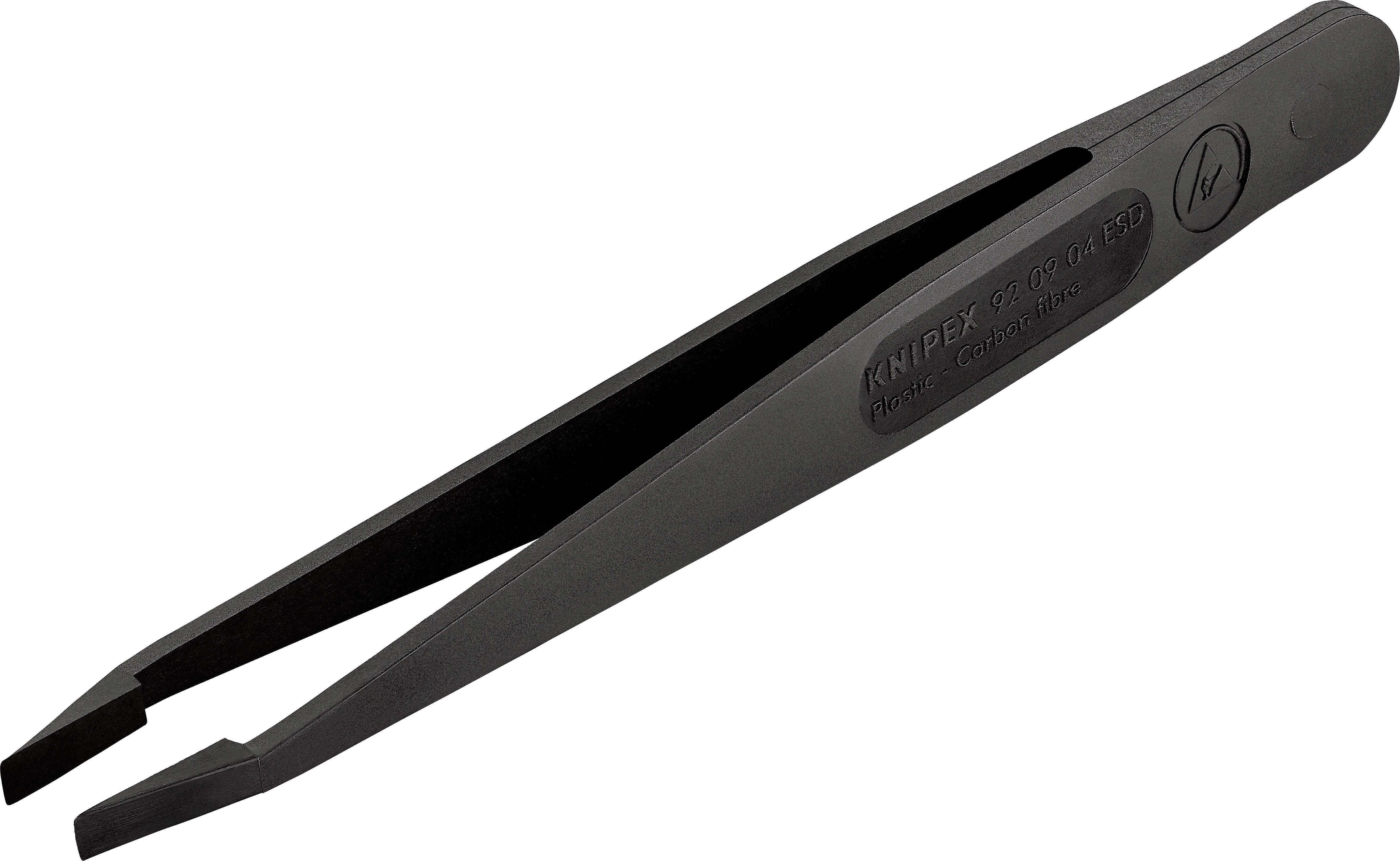 Schwarze Kunststoff-Pinzette mit geraden Spitzen, geeignet für präzise Arbeiten wie Elektronikreparaturen und Schmuckherstellung.