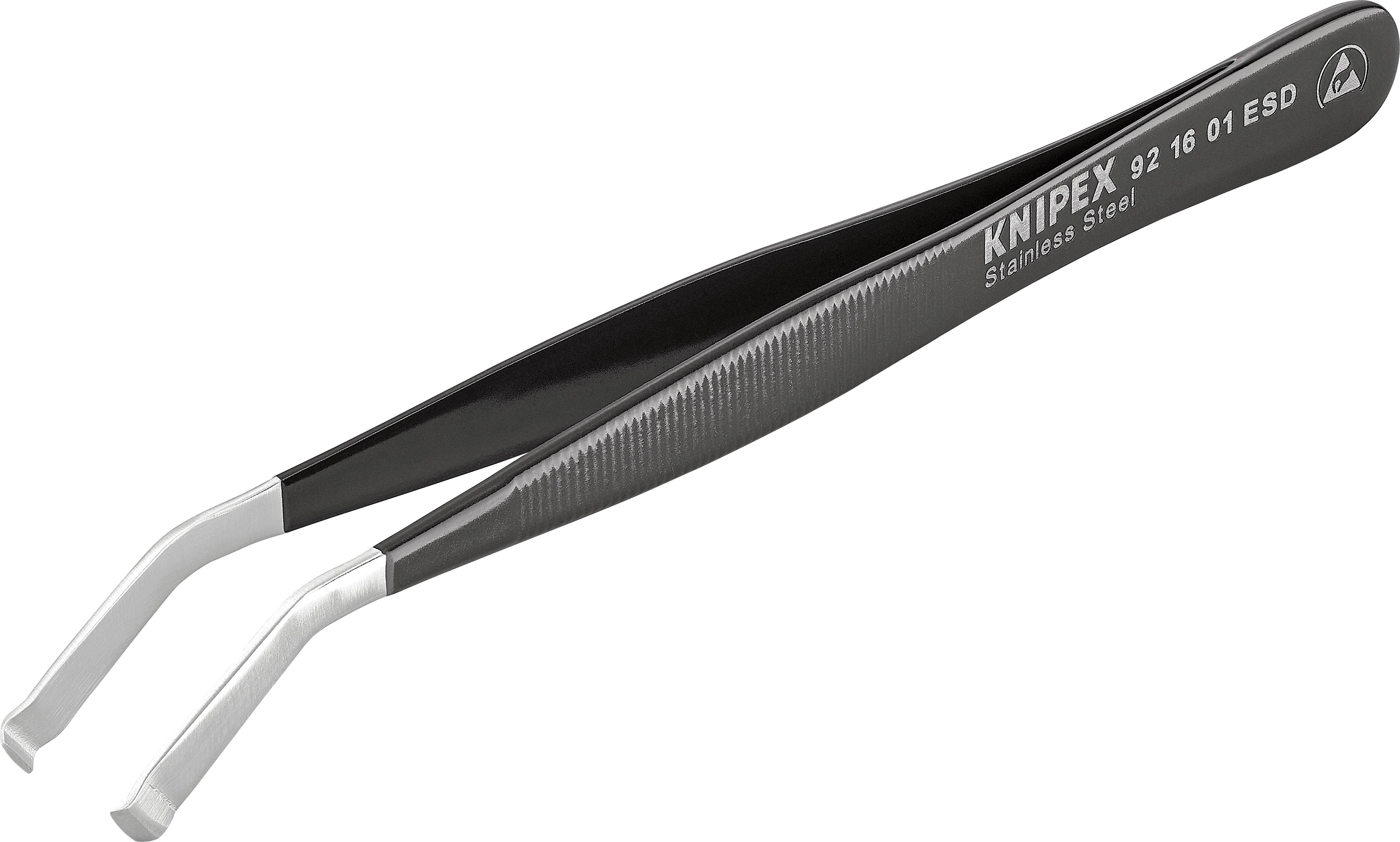 Schwarze, antistatische Pinzette aus Edelstahl mit gebogener Spitze. Markenname 'Knipex' auf der Seite aufgedruckt.