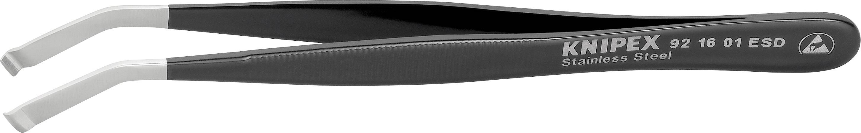 Gebogene Pinzette aus Edelstahl mit der Aufschrift 'Knipex 92 16 01 ESD', geeignet für empfindliche elektronische Arbeiten.